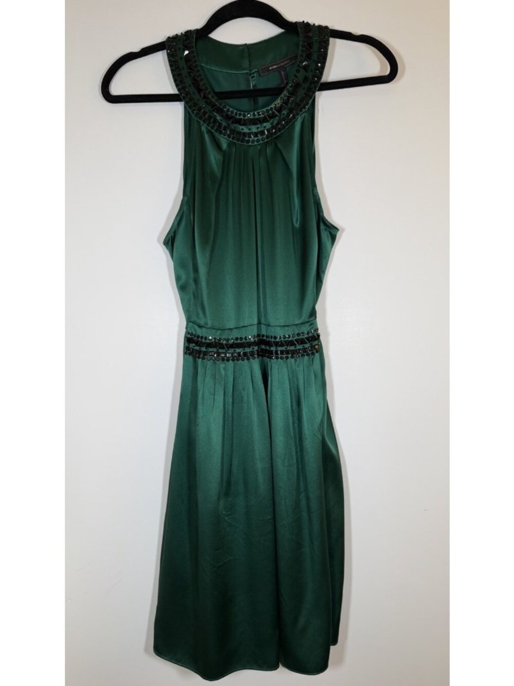 Vintage Y2K BCBG Max Azria emerald green beaded silk sleeveless dress 12